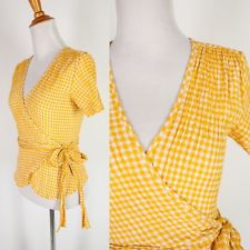 Max Studio Yellow Gingham Wrap Blouse